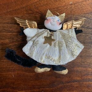 Vintage Angel Cat Plush Fabric Golden Metal Wings Needlework Pin Brooch